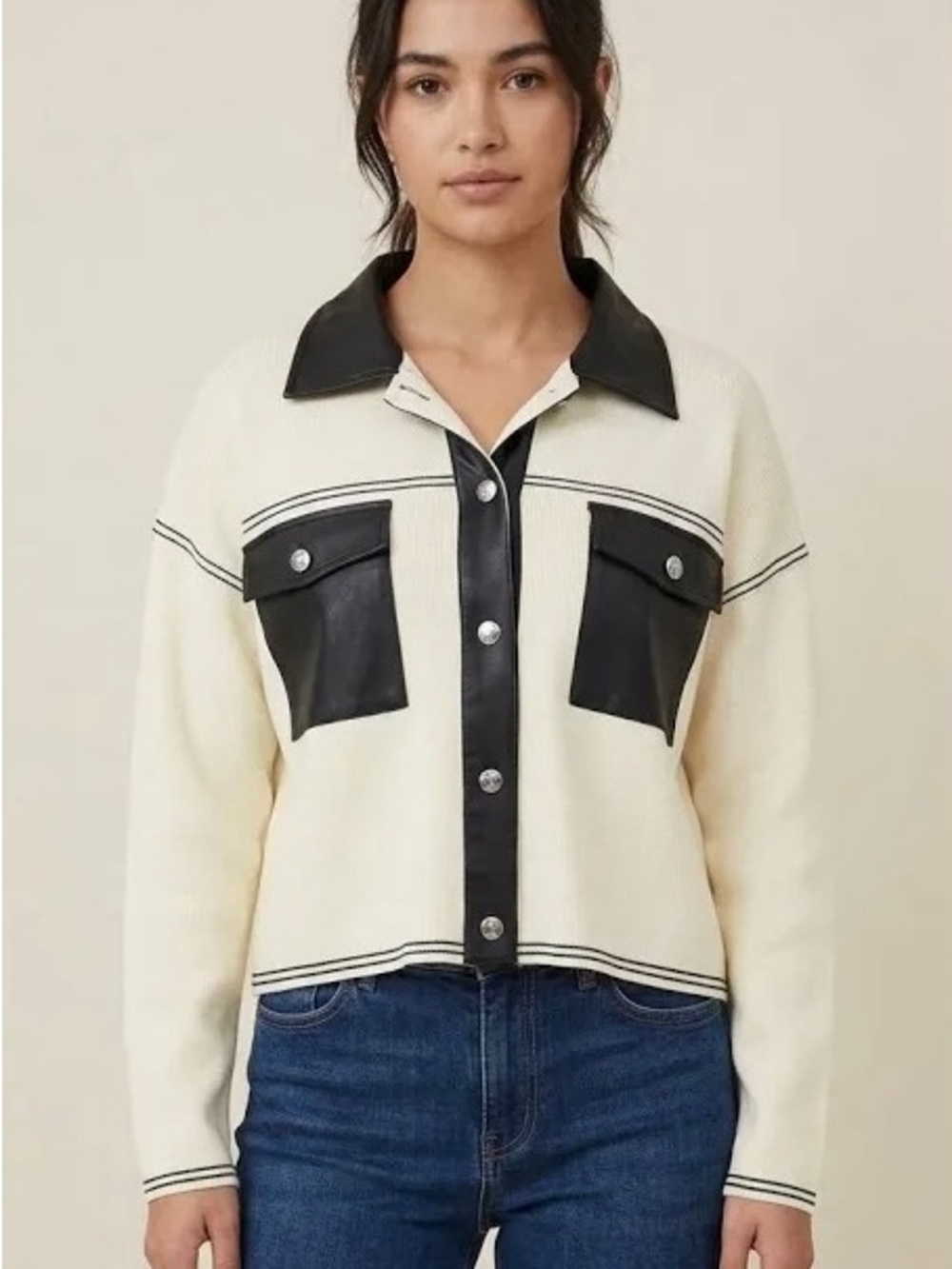 Nanette Lepore Cream Jacket with Black Faux Leather Trim and Pockets